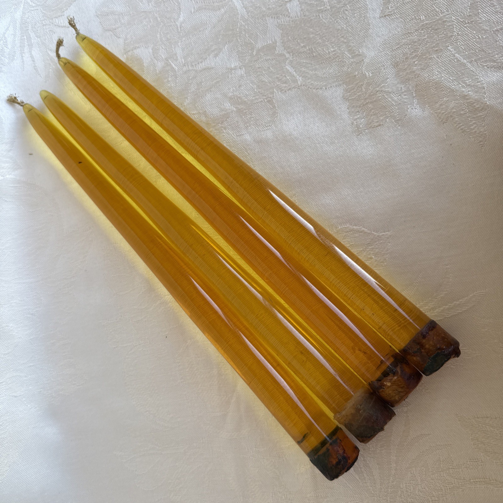 Vintage MCM Lucite Set of 4 Orange Amber Taper Candlesticks 12” With Wick