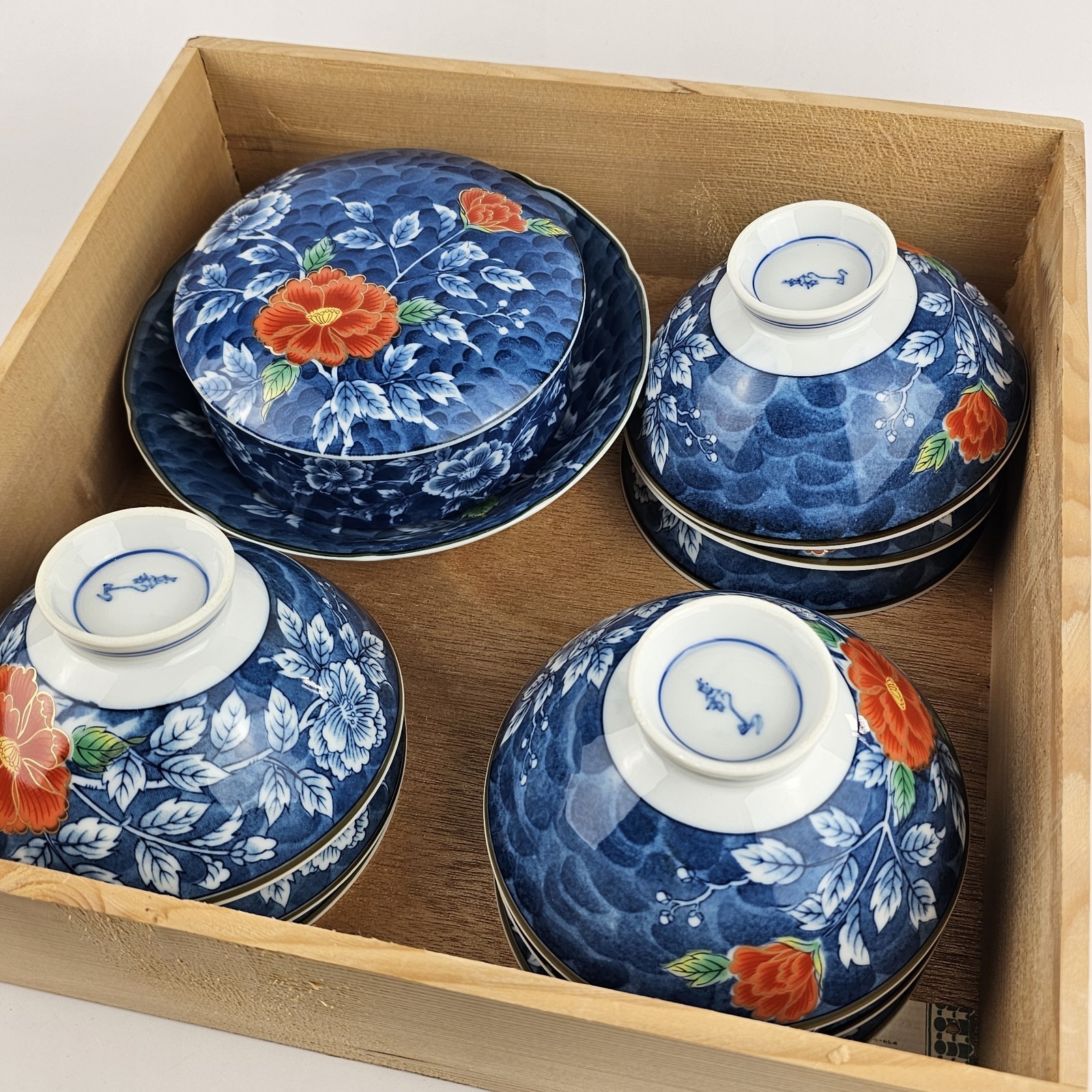 Vintage Peony Blue & White Porcelain Nabeshima Imari Ware Somenishiki Set of 12 Vintage Peony Blue & White Porcelain Nabeshima Imari Ware Somenishiki Set of 12