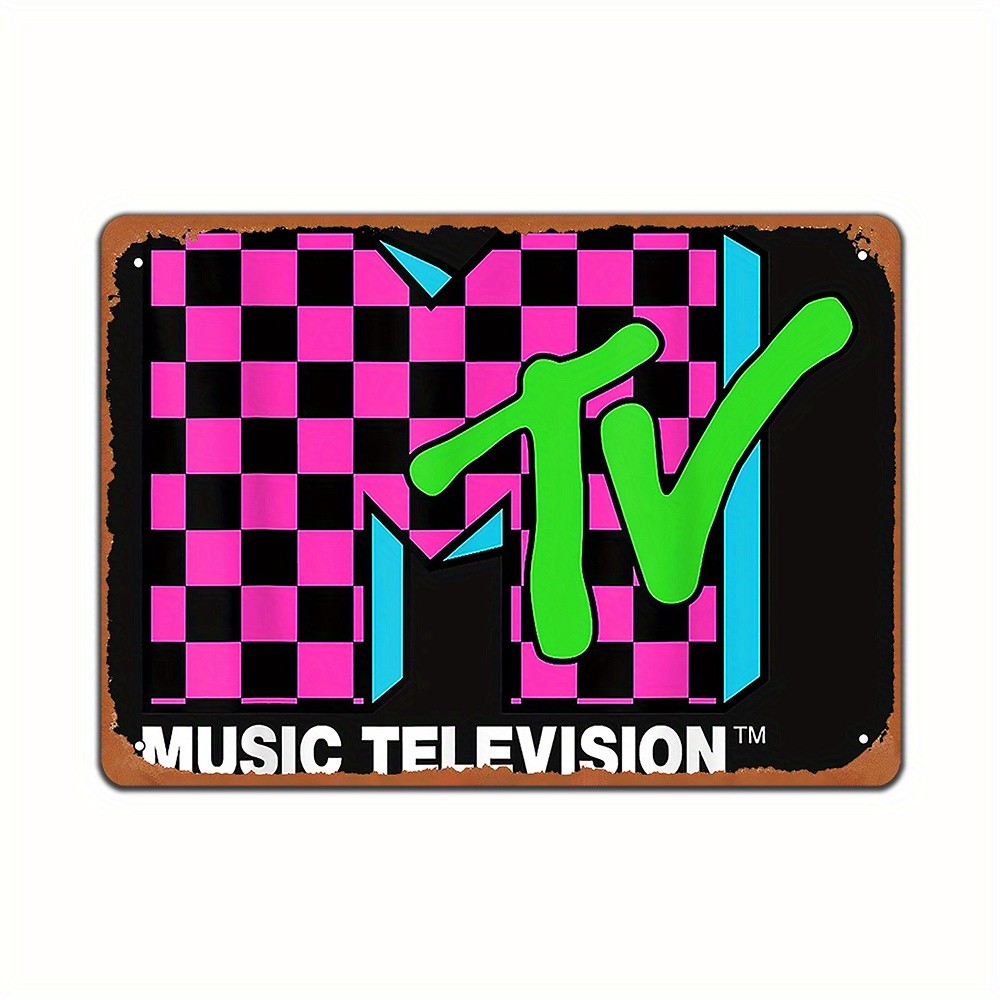 2D Flat, Vintage MTV Logo Tin Metal Signs Wall Art - Pink & Blue Checkered Desig 2D Flat, Vintage MTV Logo Tin Metal Signs Wall Art - Pink & Blue Checkered Desig