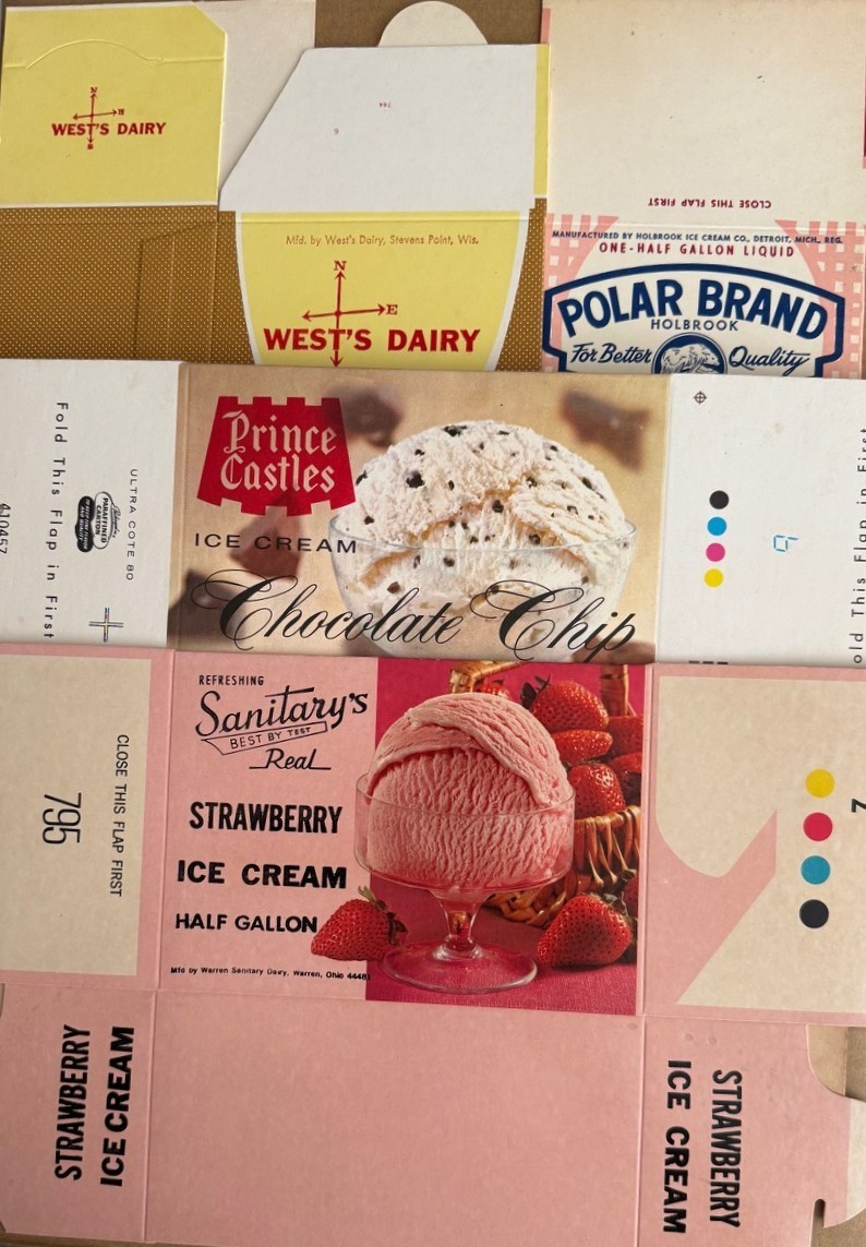 Vintage Lot of Four Half Gallon Ice Cream Boxes–Superb Graphics - c-1960s - 1981