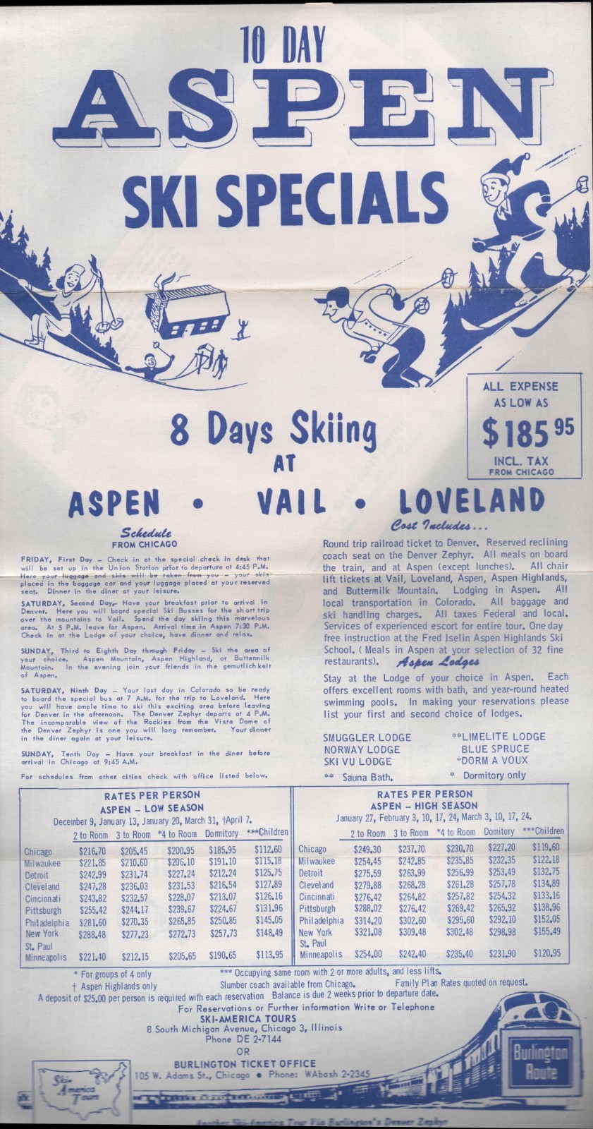 c1960s Aspen Vail Ski Tour Brochure Burlington Route Denver Zephyr Colorado