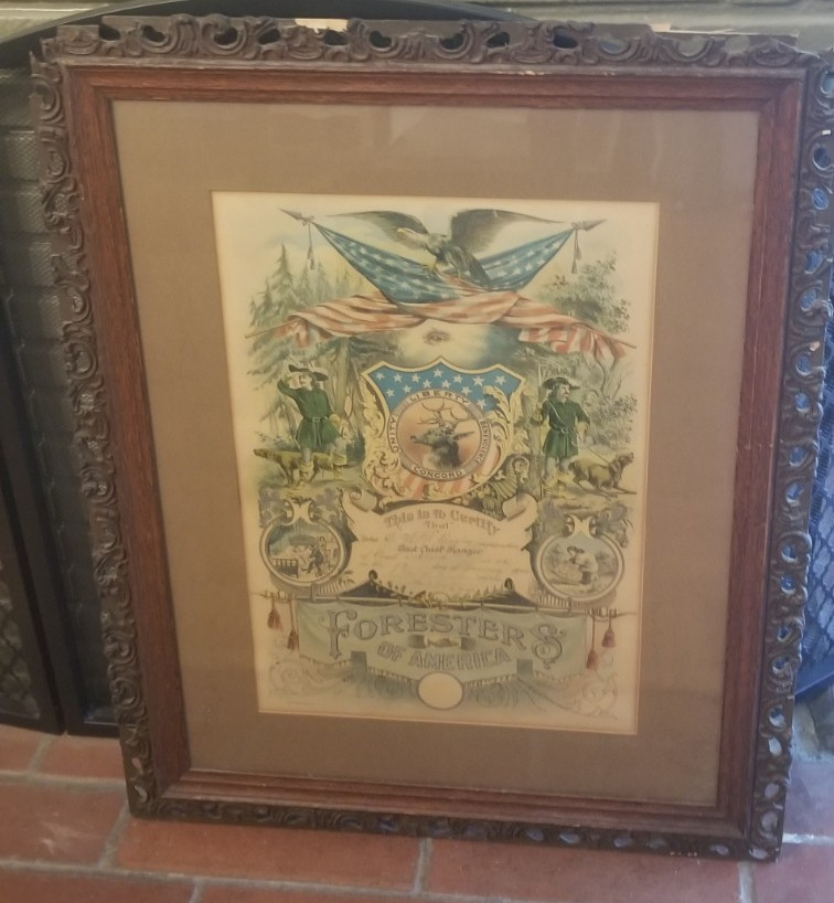 Antique Foresters of America Certificate original carved frame 123 years old