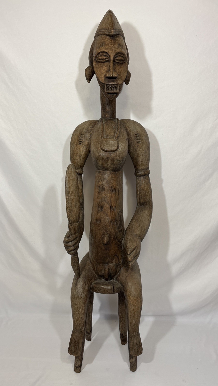 Vintage African Senufo Seated Male Figure Carved Wood Statue 45in or 114 cm