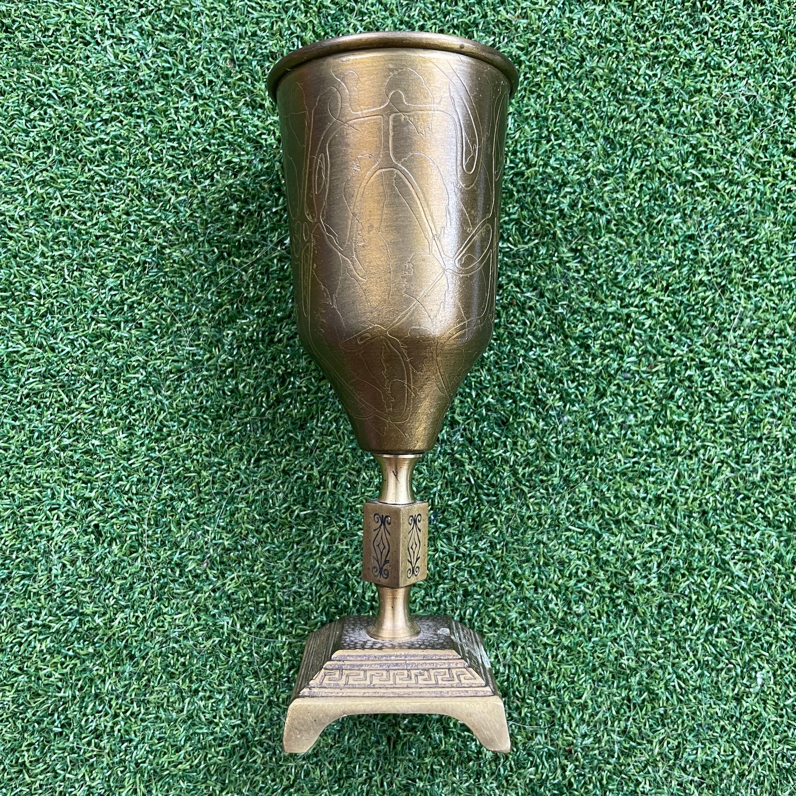 Vintage Etched Brass Square Base Goblet Collectible Decor