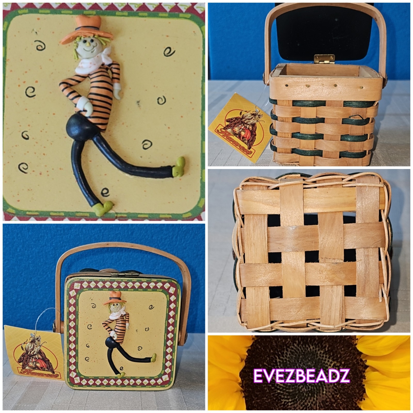 EvezBeadz Woven Wood Purse Basket Harvest Scarecrow Flip Lid VNWT 90s Box Handle