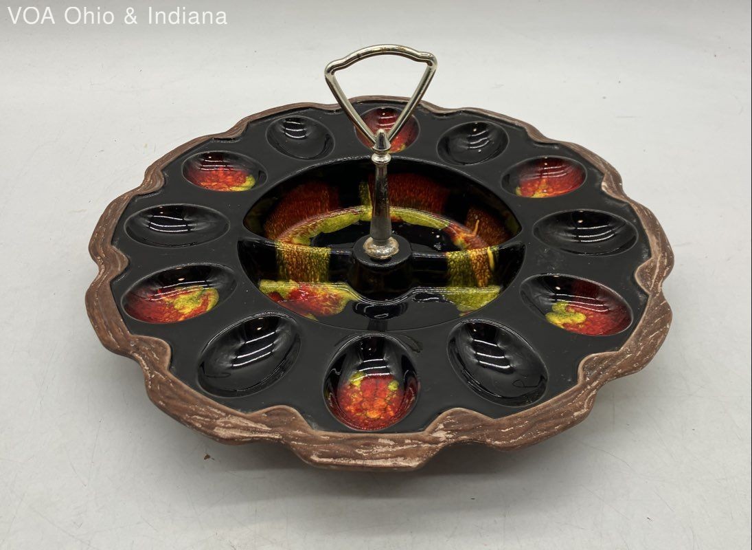 Vintage MCM Deviled Egg Dish Lava Drip Glaze Ceramic Tray 12 Well USA 725