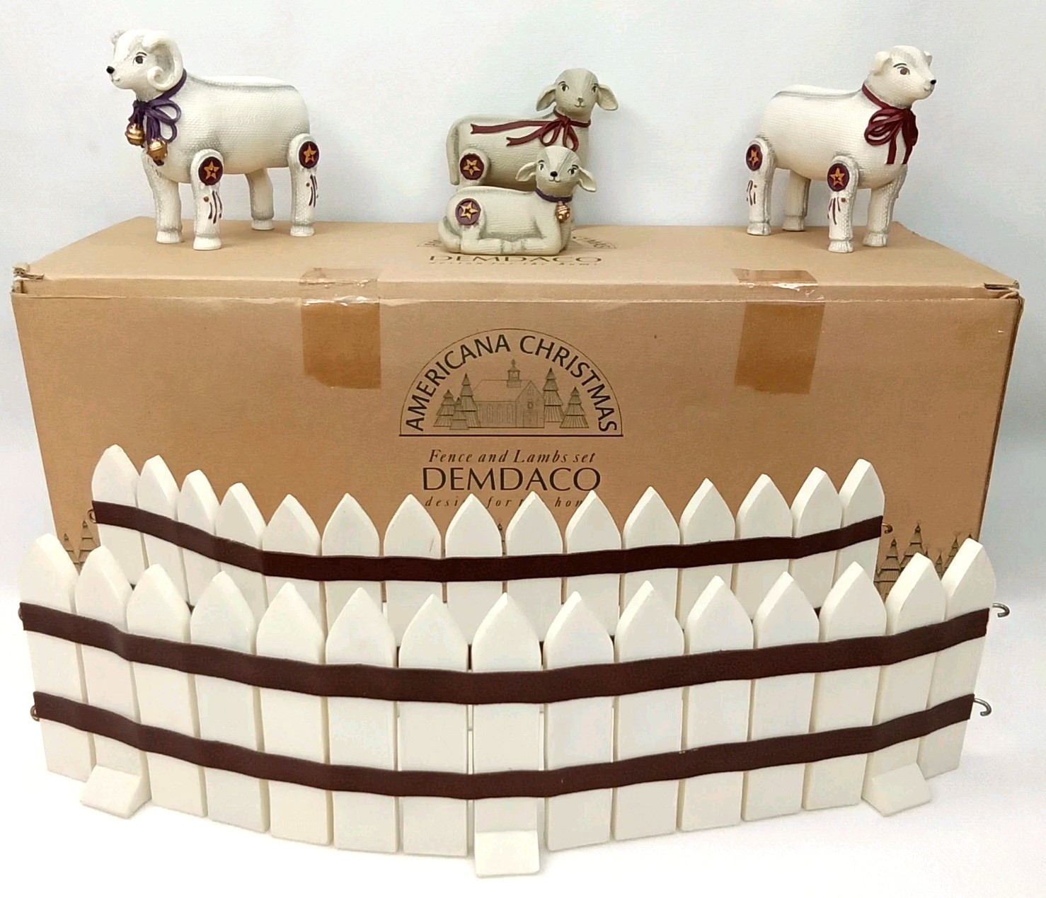 Vintage Demdaco Americana Christmas Fence & Lamb Set With Original Box