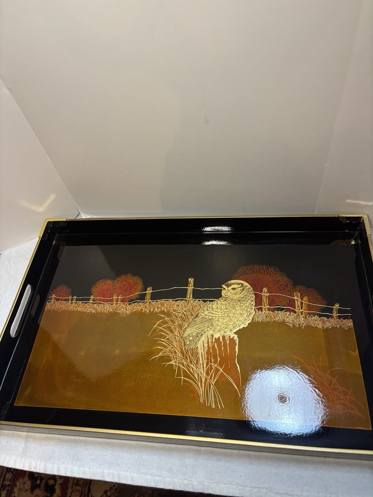 Beautiful Vintage Otagiri Japan Black Lacquer Tray Gold Metallic OWL