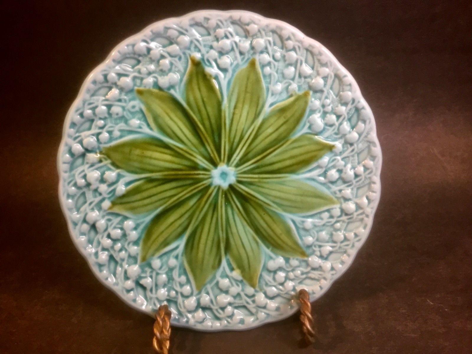 Antique German Majolica Lily of the Valley Plate from Schramberg