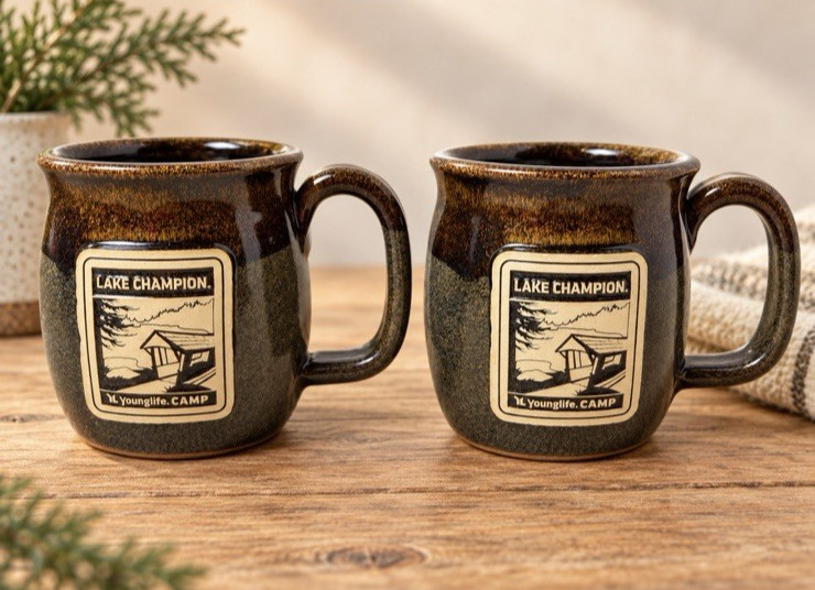 Set 2 Sunset Hill Stoneware Mug Lake Champion Younglife Camp Brown Pottery Cups
