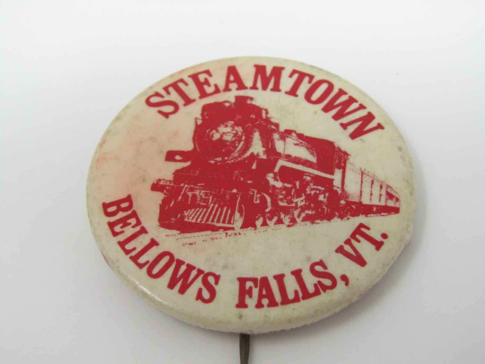 Steamtown Bellows Falls VT Pinback Button Vintage Red Steam Locomotive Train RR