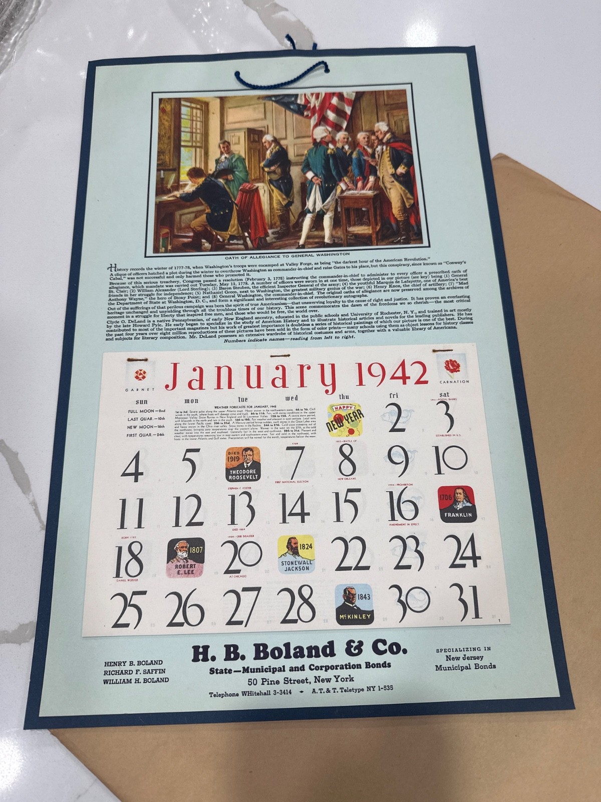 1942 New old stock H.B.Boland & Co Wall calender Oath of Allegiance to GW