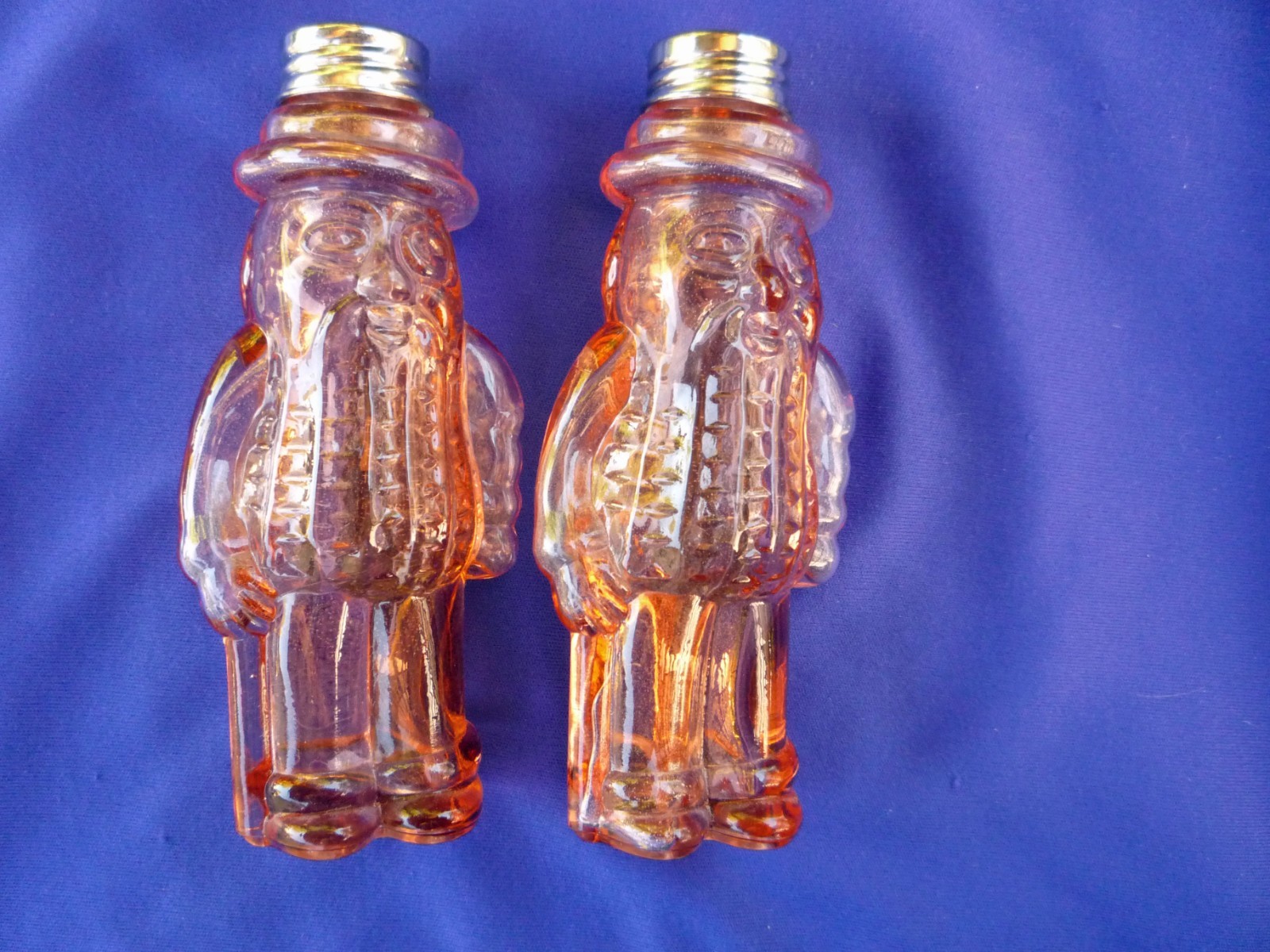 MR. PEANUT PINK DEPRESSION ERA GLASS SHAKERS SET WITH METAL TOPS RARE