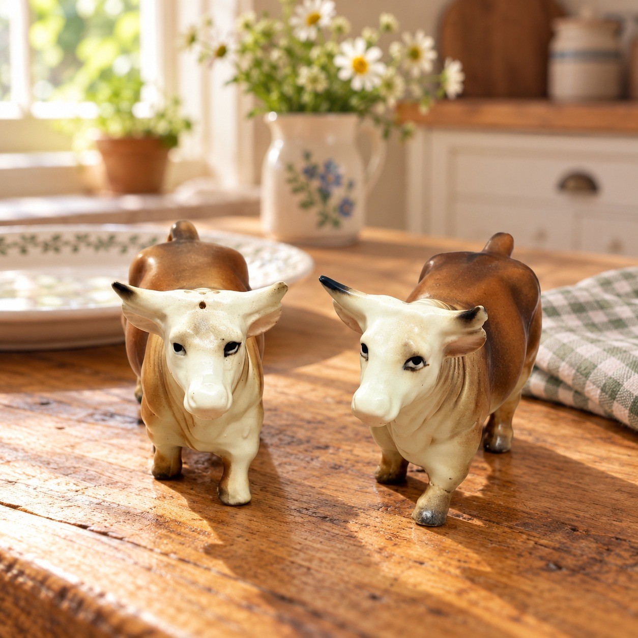 Vintage Victoria Ceramics Cow Bull Salt & Pepper Shakers Brown Cream Japan Set