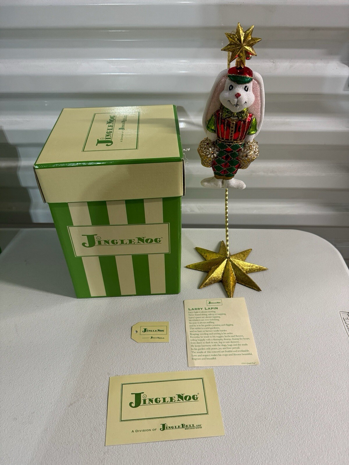 Jinglenog Larry Lapin Rabbit Ornament W/ Box And Papers Jinglenog Larry Lapin Rabbit Ornament W/ Box And Papers
