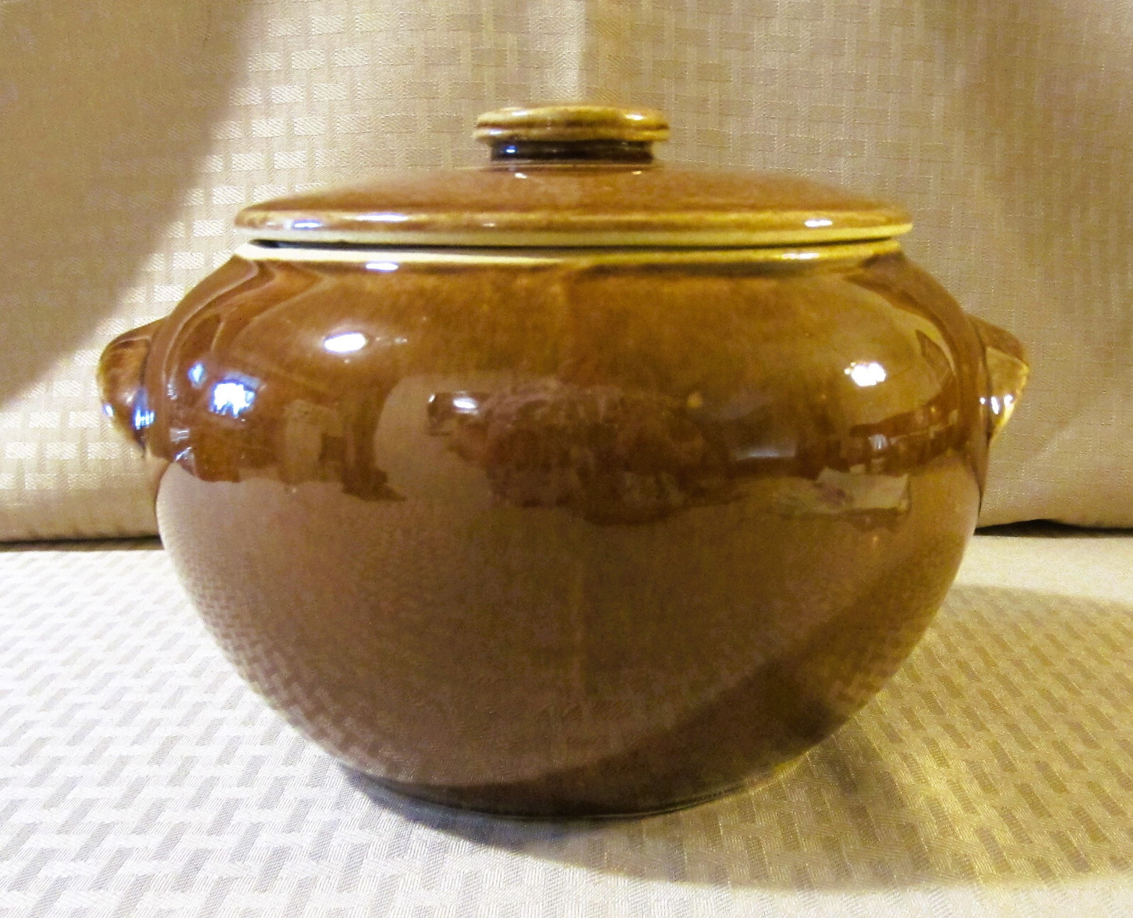 Old Glossy Med. Brown Crockery Double Handled Bean Pot w/ Lid - Stamped USA Old Glossy Med. Brown Crockery Double Handled Bean Pot w/ Lid - Stamped USA