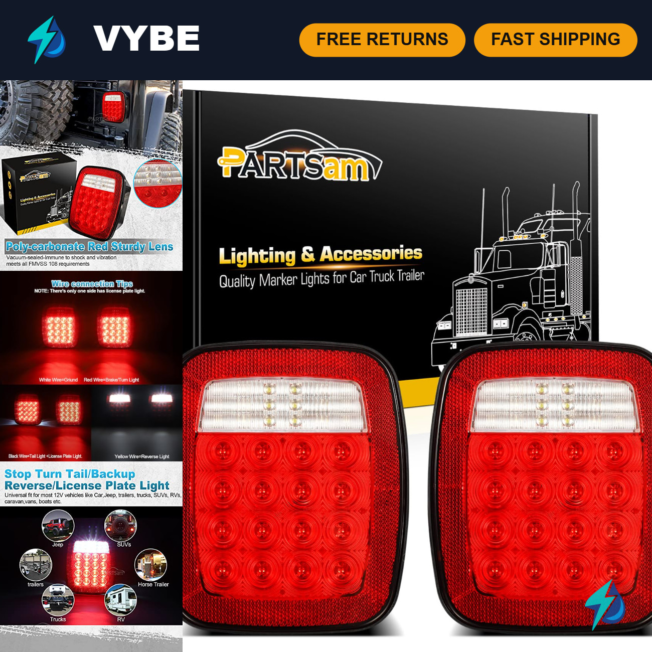 Partsam Pair 38 LED Universal Tail Brake Turn Stop License Back up Reverse Light