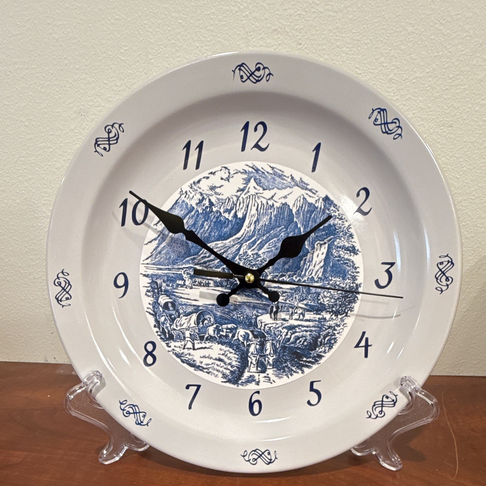 Currier & Ives Blue Rocky Mountains Scene Handcrafted 10.5” Stoneware Clock 