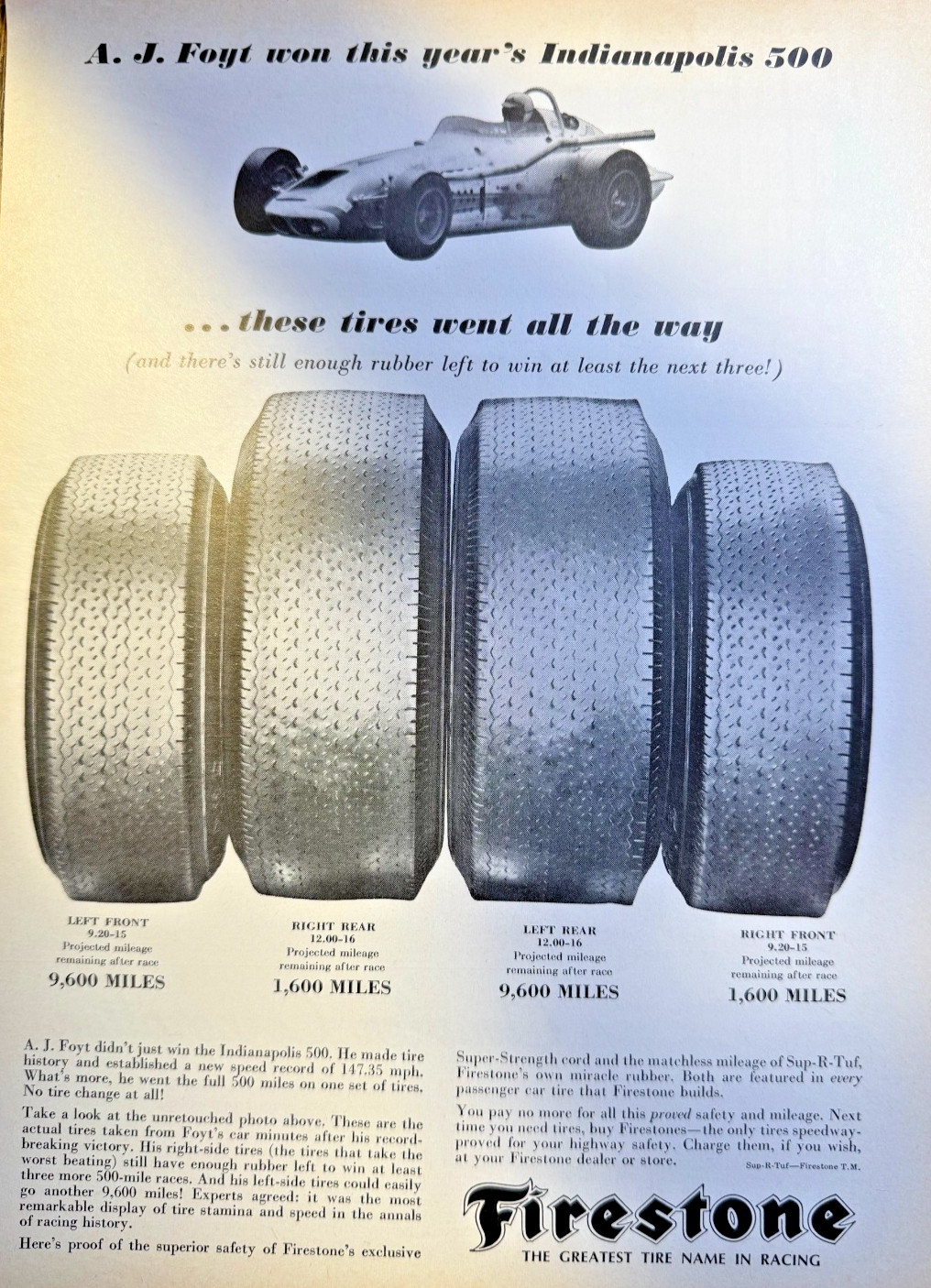 Vintage Magazine Advertisement 1964 Firestone Tires A. J. Foyt Indy 500 Winner Vintage Magazine Advertisement 1964 Firestone Tires A. J. Foyt Indy 500 Winner