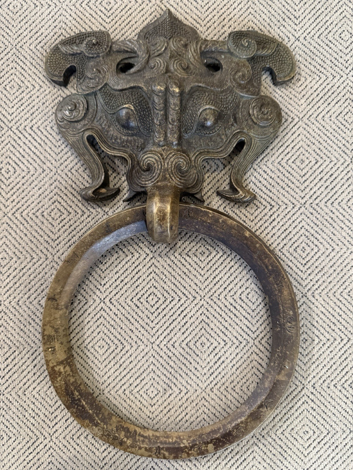 Large Chinese Bronze Taotie Beast Face Ring Door Knocker Inscribed 11” Large Chinese Bronze Taotie Beast Face Ring Door Knocker Inscribed 11”