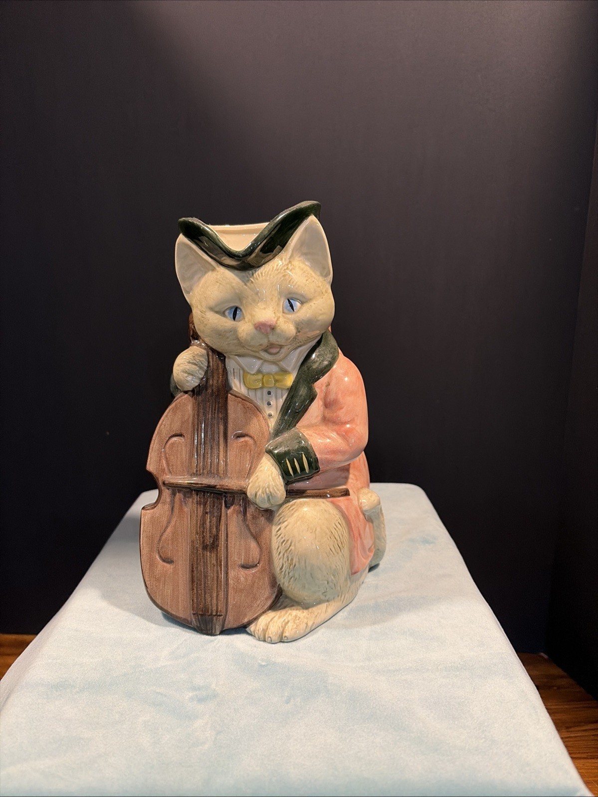 Vintage Fitz & Floyd Ceramic Pitcher Hand Painted Cat Playing Cello 1986