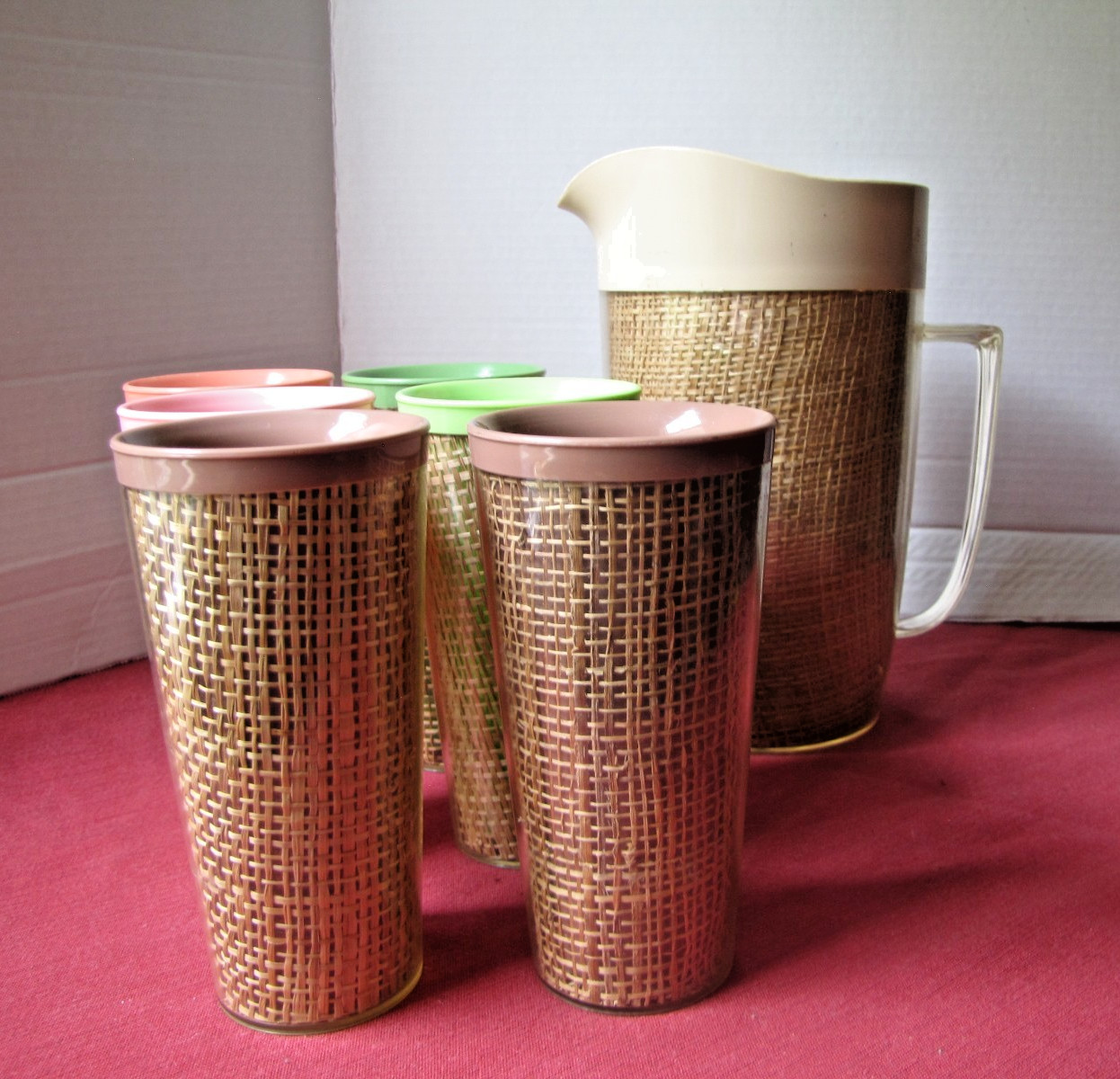 Vintage Lot MCM Raffiaware Tiki Style 64 oz Pitcher 6 10 oz Tumblers VGC Vintage Lot MCM Raffiaware Tiki Style 64 oz Pitcher 6 10 oz Tumblers VGC