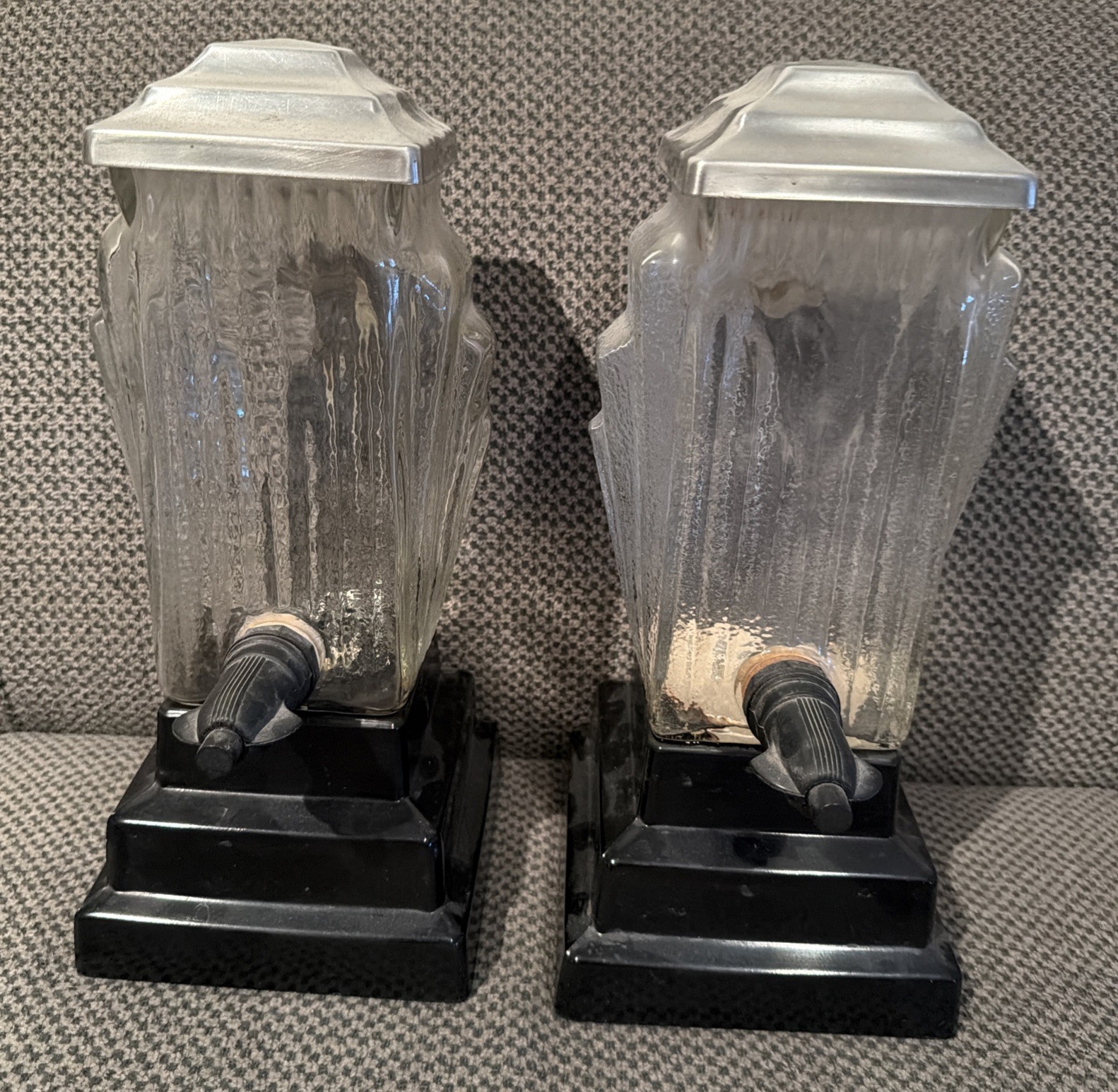 Pair Rare Vintage Art Deco Soda Fountain Syrup Glass Dispensers Candy Store 14”