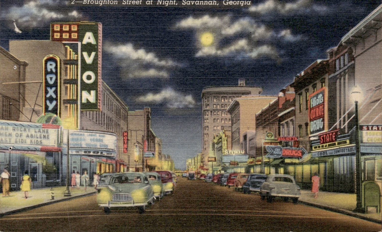 Broughton Street at Night Savannah GA Postcard Linen Roxy Avon