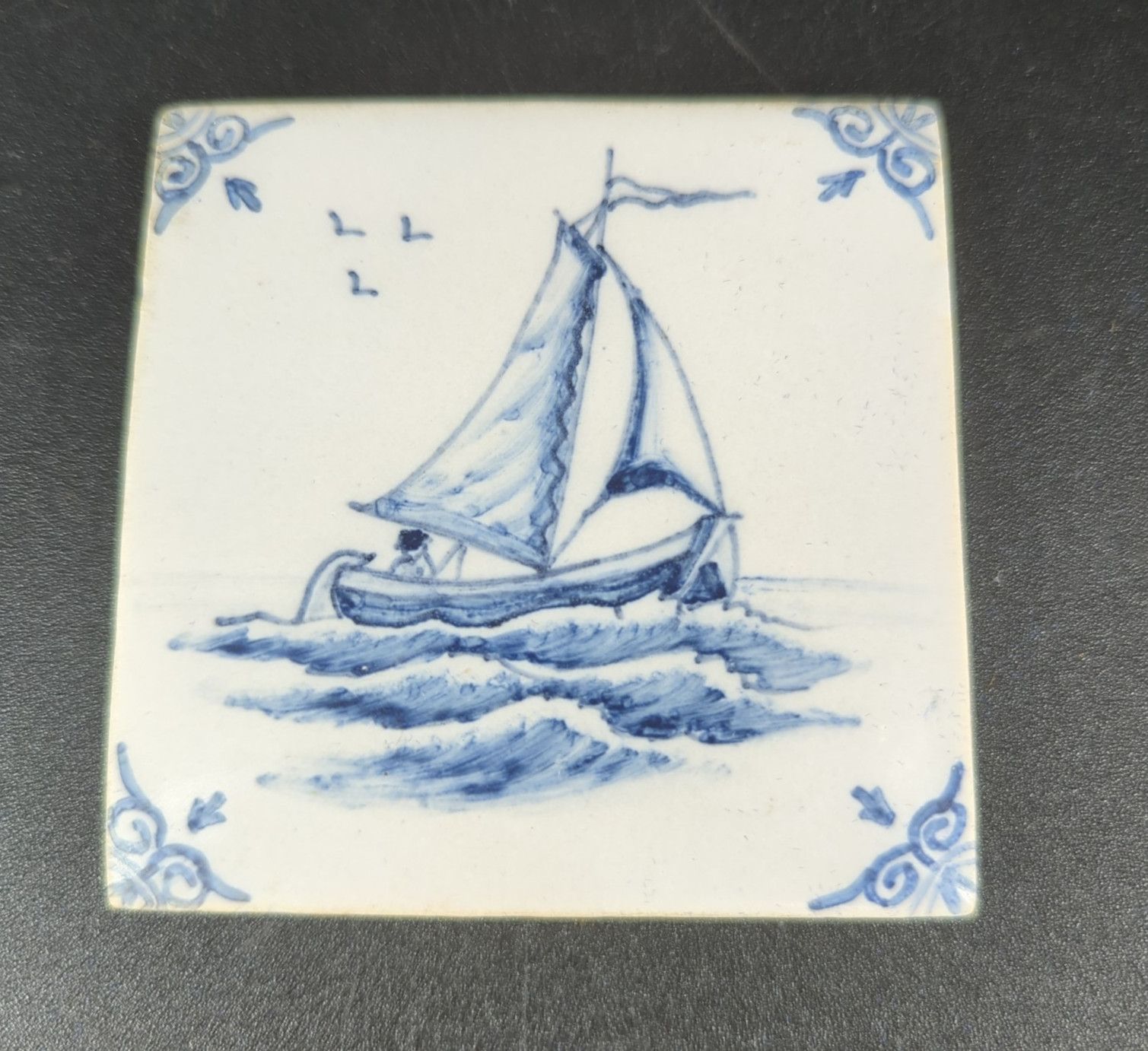 VTG Harlingen Holland Delft Blue Hand Painted Ship Sailboat Tile 3\