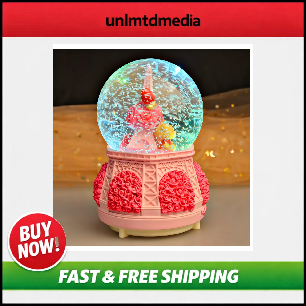 Eiffel Tower Snow Globe Music Box with LED Lights - Kids Room Decor Gift for Gir
