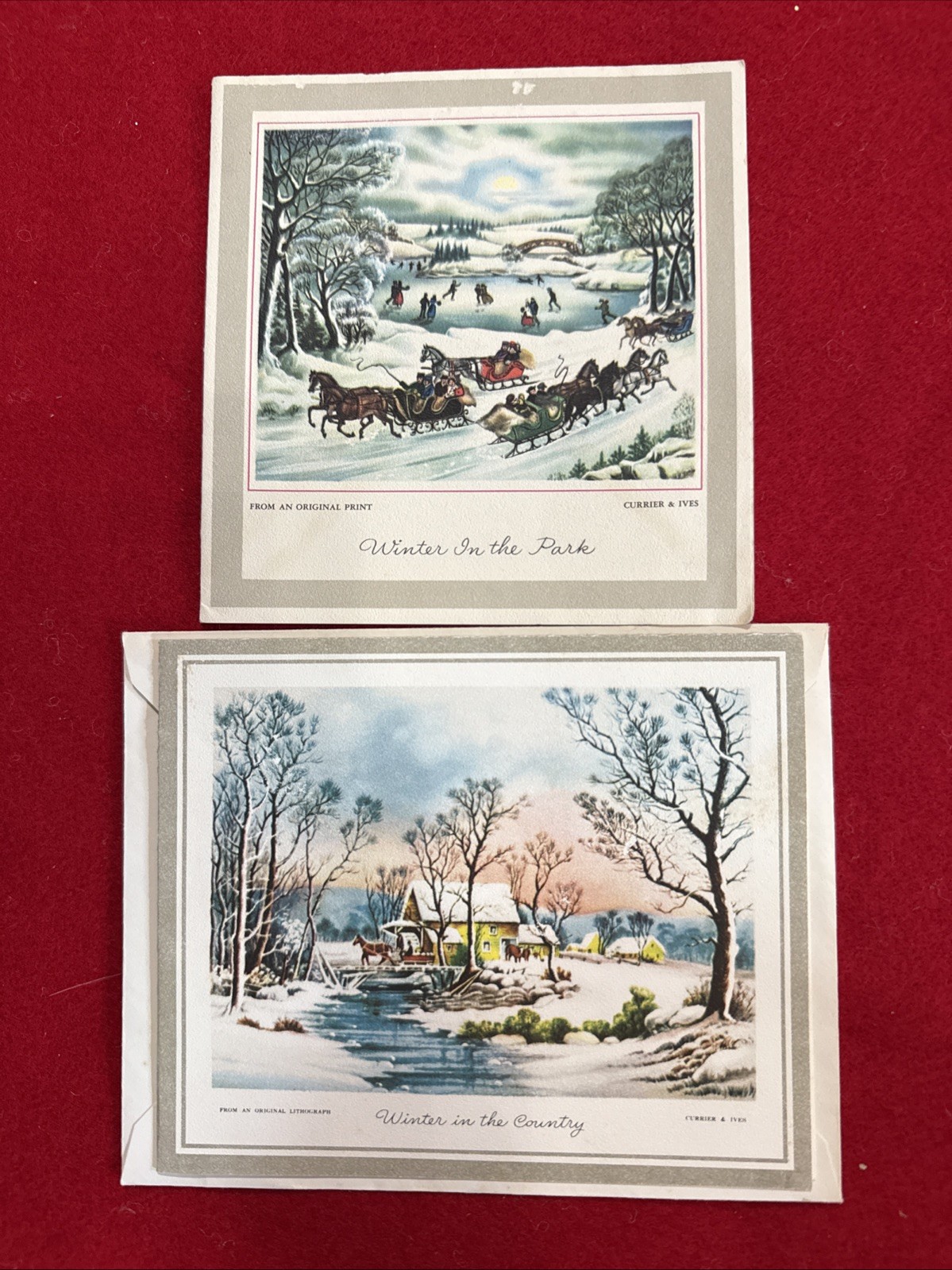 2 Vtg Currier & Ives Christmas Cards 1 Unused 