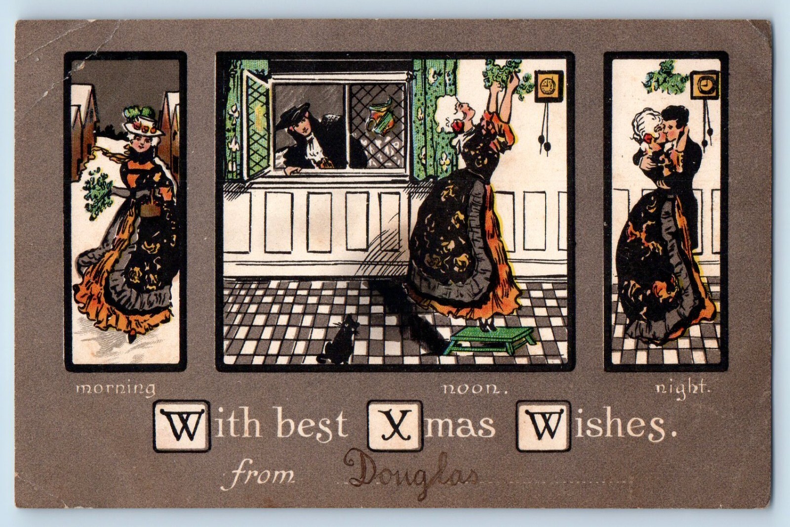 Christmas Postcard Arts Crafts Woman Morning Noon And Night c1910's Antique