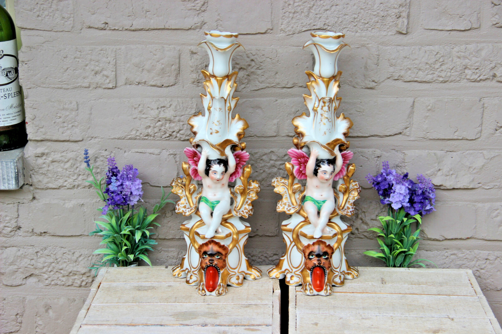 Rare pair antique Vieux paris porcelain putti Lion Candle holders vases Rare pair antique Vieux paris porcelain putti Lion Candle holders vases