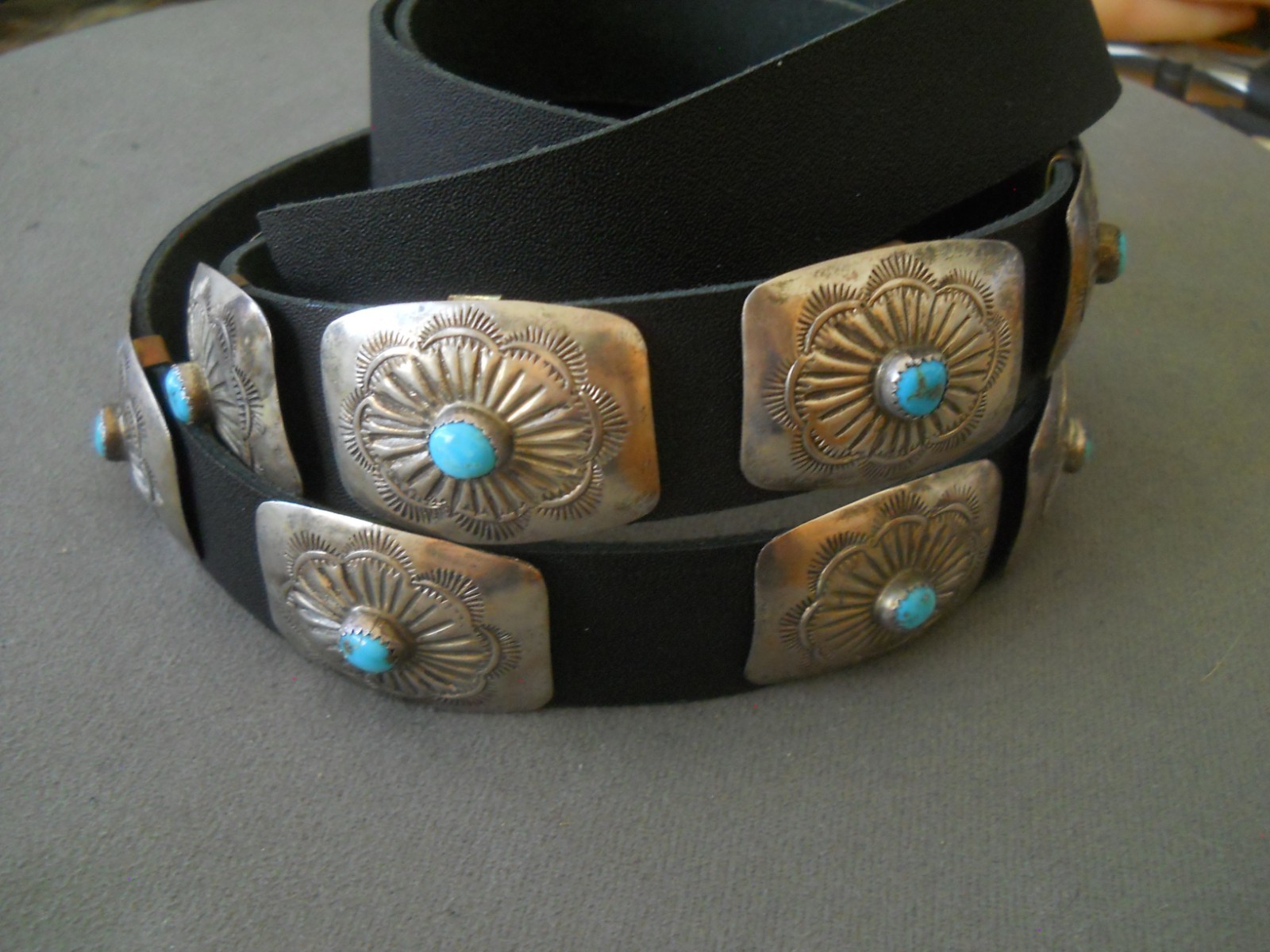 Native American Navajo Turquoise Sterling Silver 11Concho Belt Stampwork Repose'