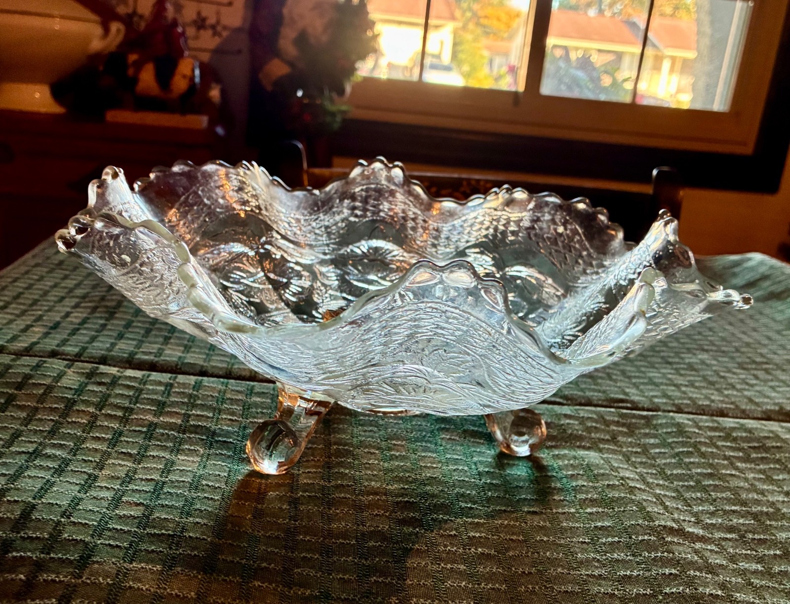 Fenton Clear Glass Footed Carnival Glass Bowl Dogwood & Marsh Lily Ruffled Edge