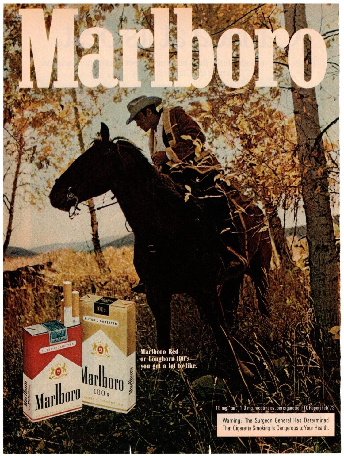 1973 Marlboro Cigarettes Vintage Magazine Ad   Marlboro Man on Horse Among Trees