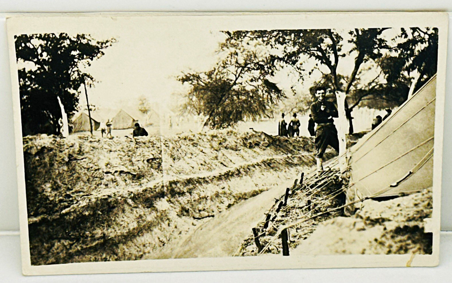 Vintage WWI RPPC Soldier at Tent Camp Dugout Embankment AZO Real Photo Postcard Vintage WWI RPPC Soldier at Tent Camp Dugout Embankment AZO Real Photo Postcard