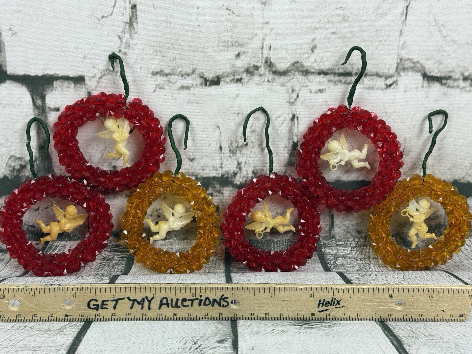 RARE 6 Vtg 1960’s Beaded & Wire WREATH w/ANGELS Handmade Christmas Ornaments MCM
