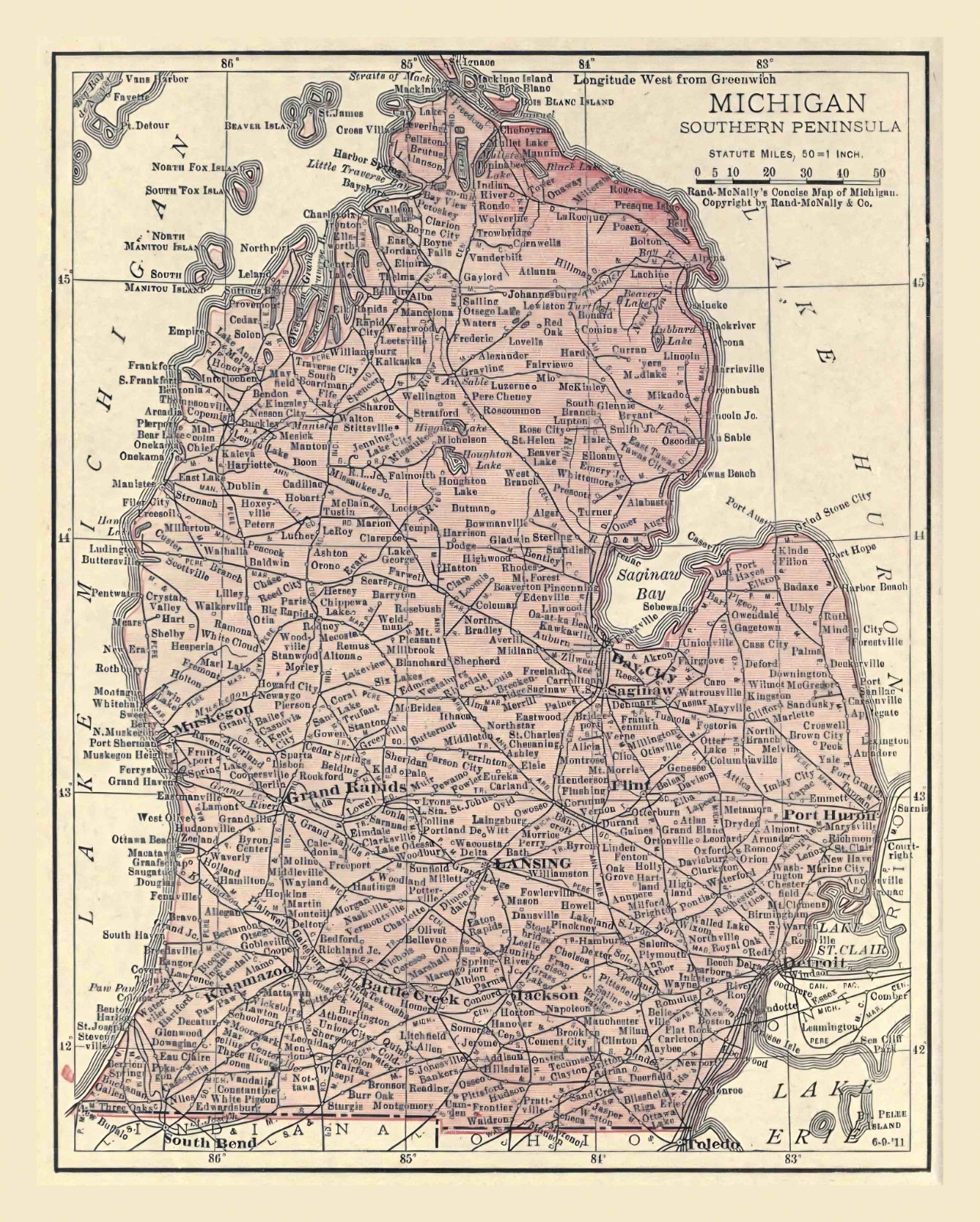 Map of MICHIGAN S. Portion from 1912 - 8.5 x 11 Inch Photo Reprint Map of MICHIGAN S. Portion from 1912 - 8.5 x 11 Inch Photo Reprint