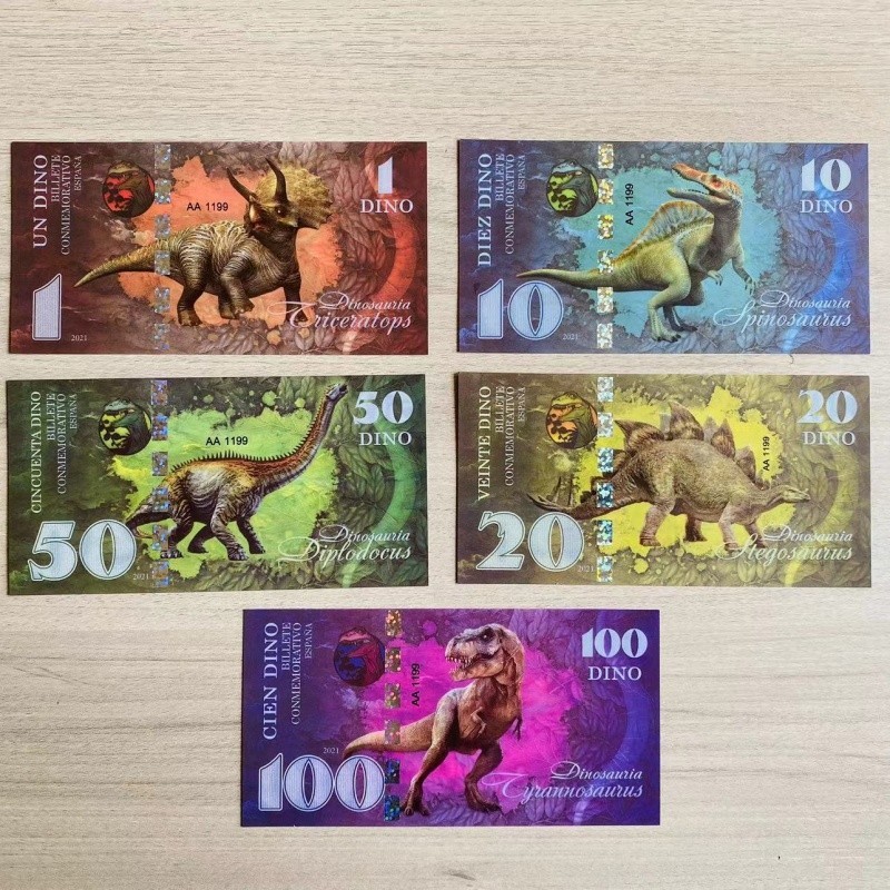 2021 Spain Jurassic Dinosaur Set, 5pcs Art Ploymer Note, 1 10 20 50 100, UNC