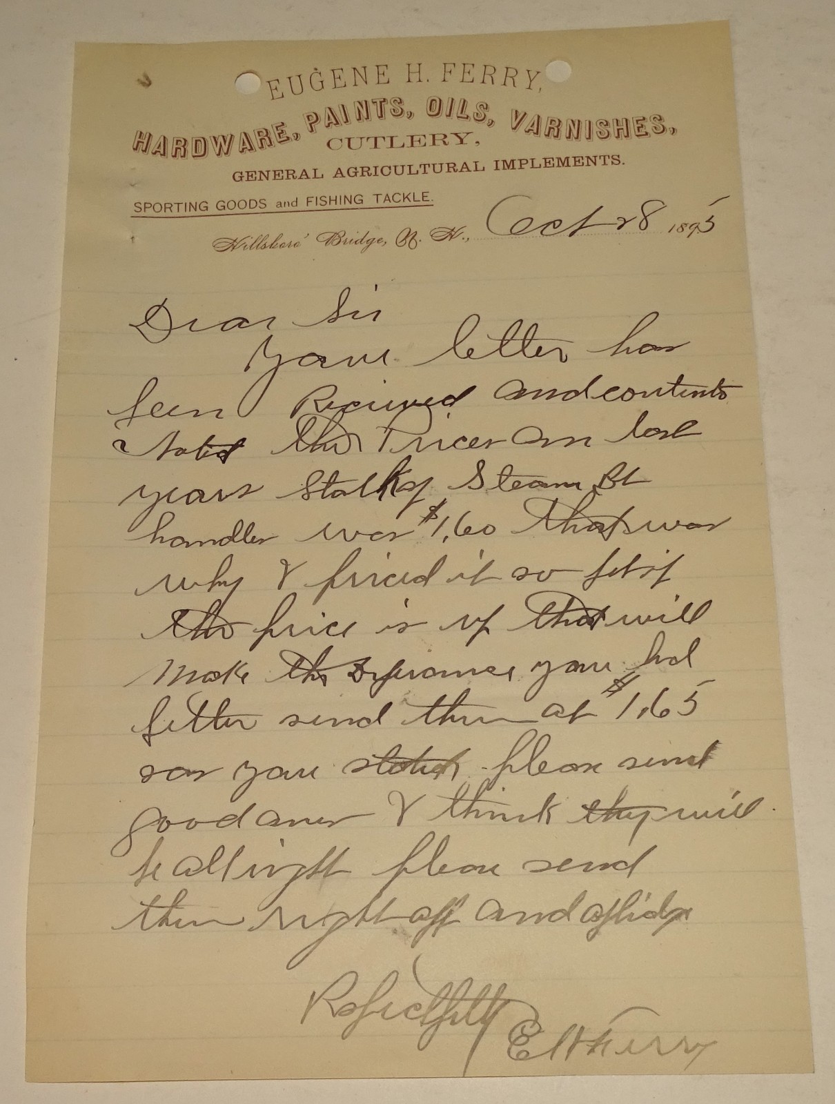 1895 E. H. Ferry Hillsboro\' Bridge, N. H. Hardware Business Letter 1895 E. H. Ferry Hillsboro\' Bridge, N. H. Hardware Business Letter