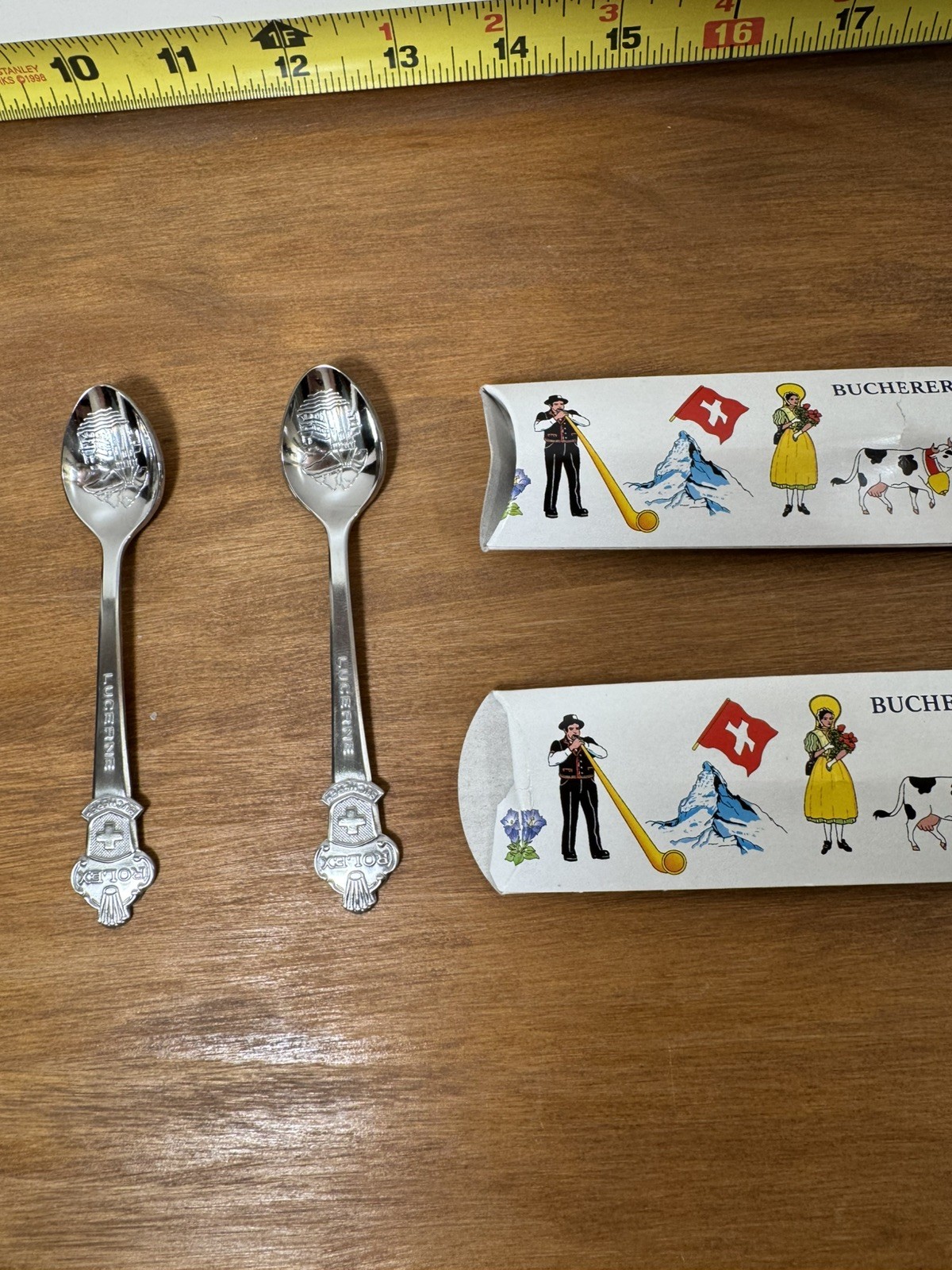 Vintage Bucherer Rolex Lucerne Switzerland Souvenir Spoons Set of 2 with Sleeves Vintage Bucherer Rolex Lucerne Switzerland Souvenir Spoons Set of 2 with Sleeves