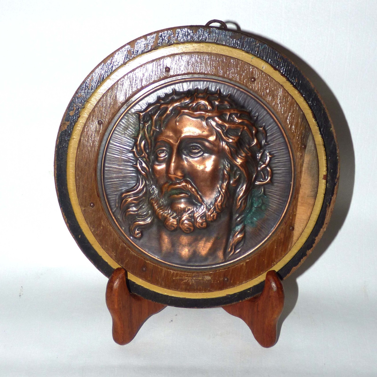 Vintage MCM German Jesus Copper Relief Plaque 981 Catalogue nr Wood 7.9 inch
