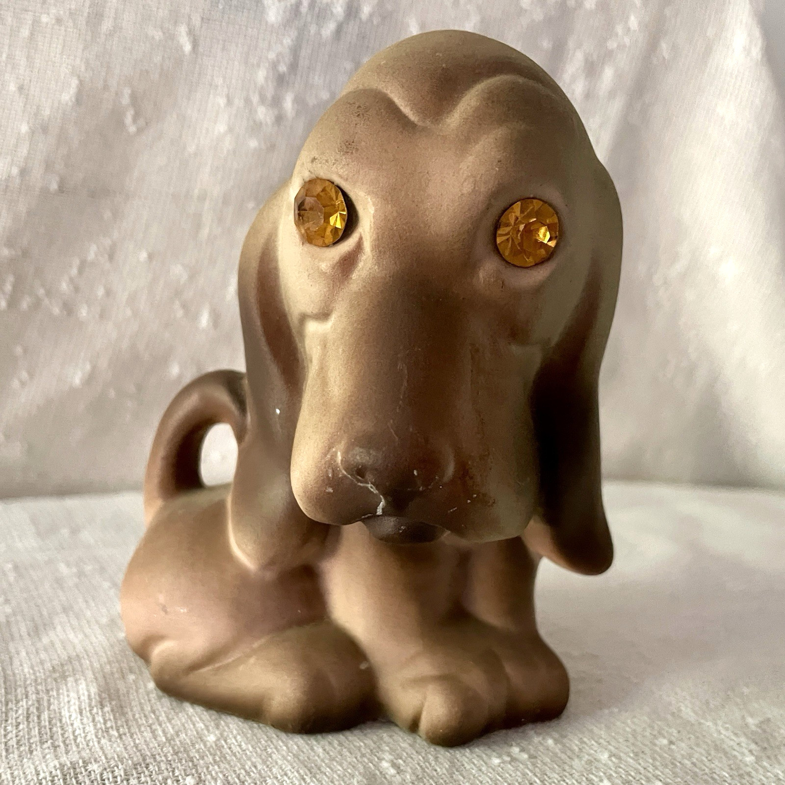 Vintage Roselane Sparkler Basset Hound Dog Figurine Amber Rhinestone Eyes Kitsch
