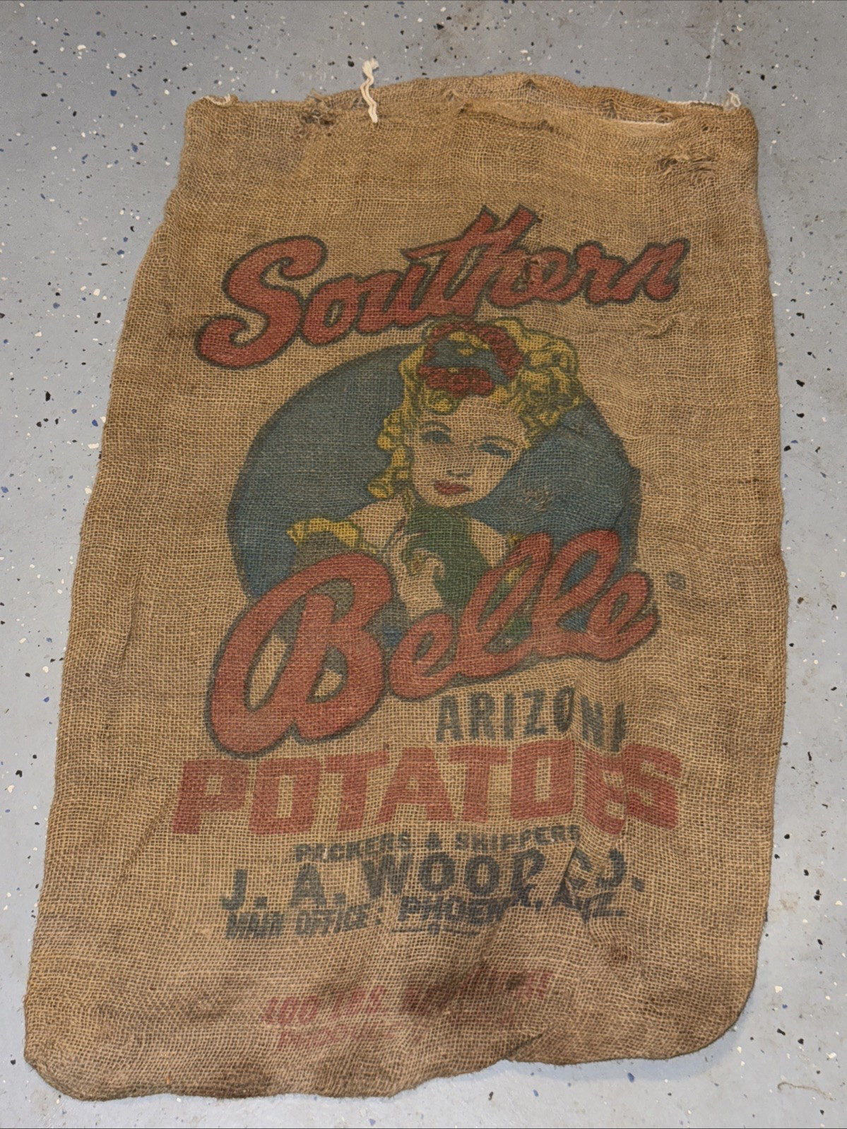 VTG Southern Belle Arizona Potato Burlap Bag 100 lbs Gunny Sack Rare Antique htf VTG Southern Belle Arizona Potato Burlap Bag 100 lbs Gunny Sack Rare Antique htf