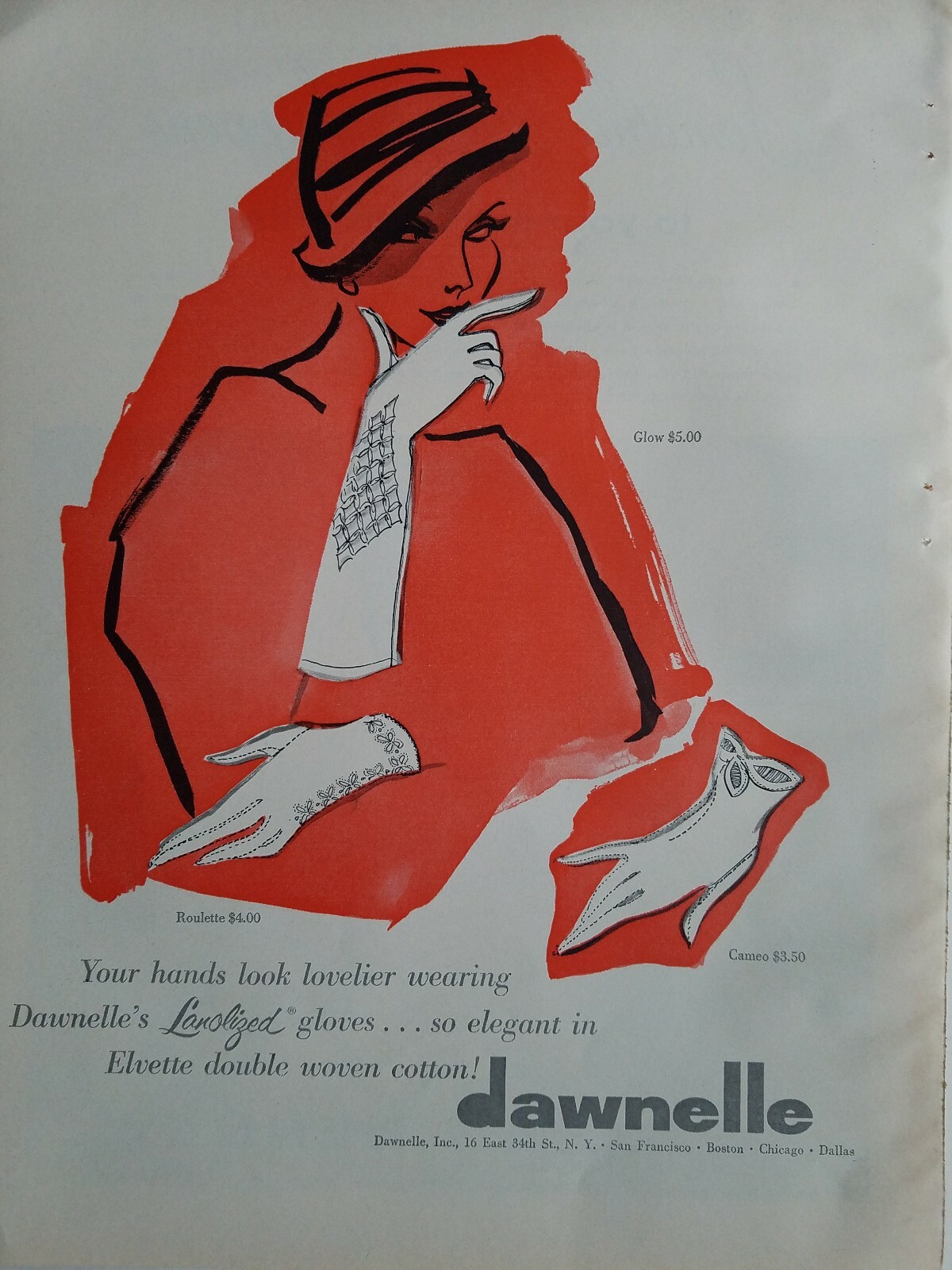 1957 womens Dawnelle gloves roulette glow Cameo Styles vintage fashion art ad