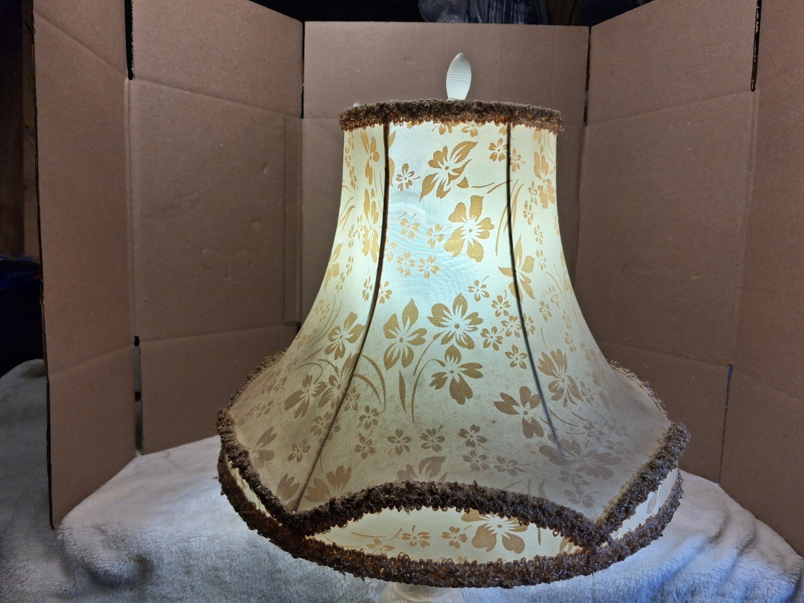 Vintage Victorian Floral Brocade Off White Satin Lamp Shade W/Fringe Trim Vintage Victorian Floral Brocade Off White Satin Lamp Shade W/Fringe Trim