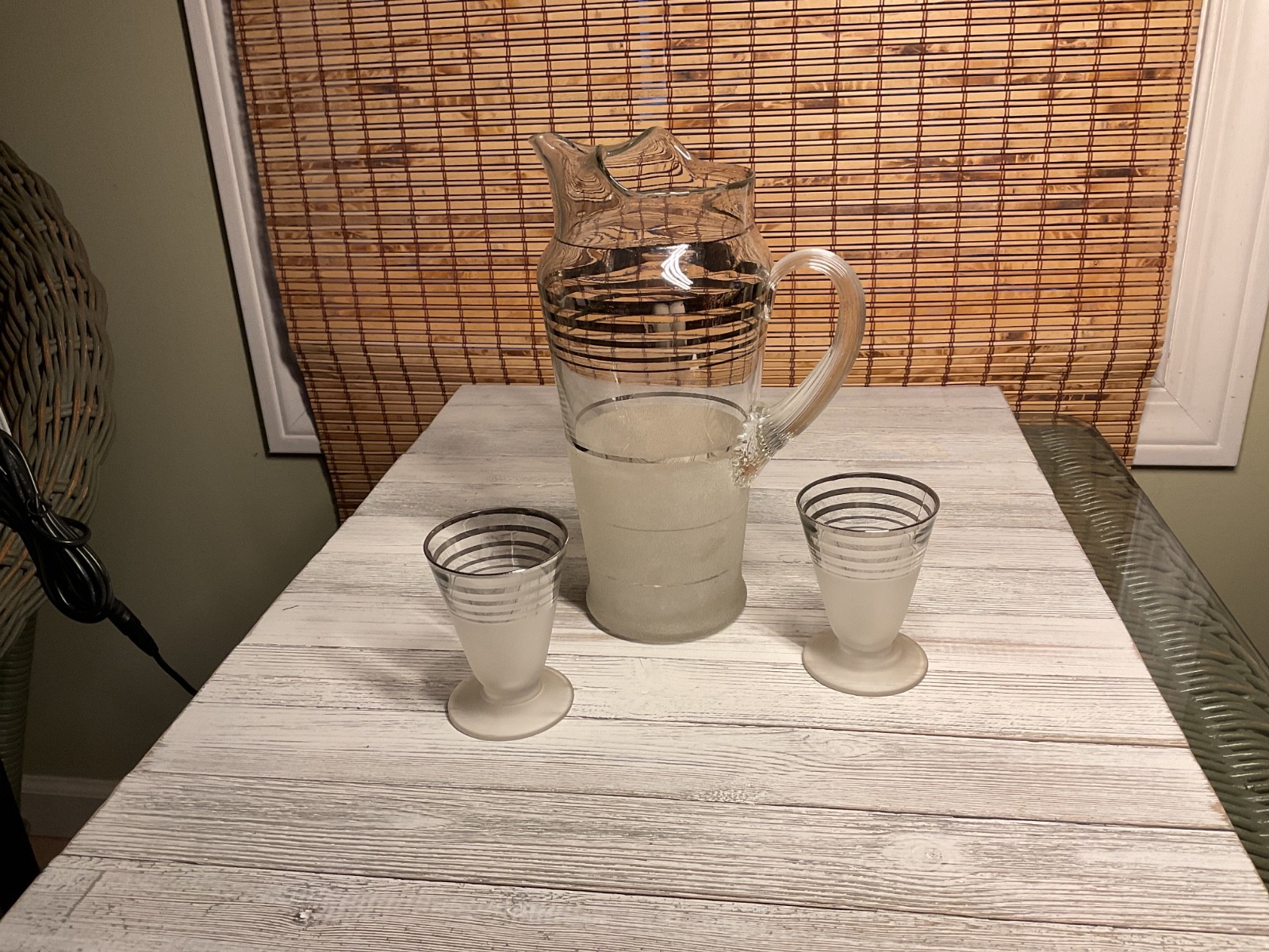 Set of three Macbeth Evans 1940'S Cocktail Pitcher Frosted Bottom Platinum Rings