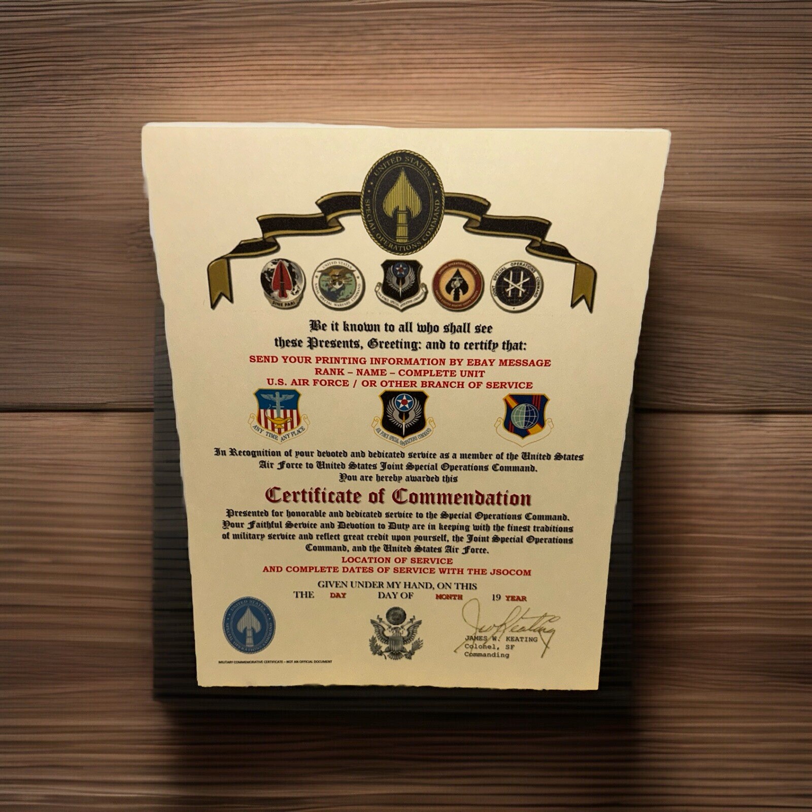 U.S.A.F. / U.S. JOINT SPECIAL OPERATIONS COMMAND - CERTIFICATE OF COMMENDATION
