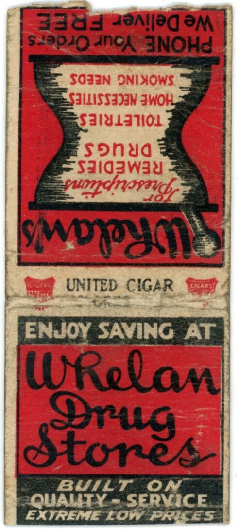 Whelan Drug Stores Vintage Matchbook Cover 1930s-40s Pharmacy